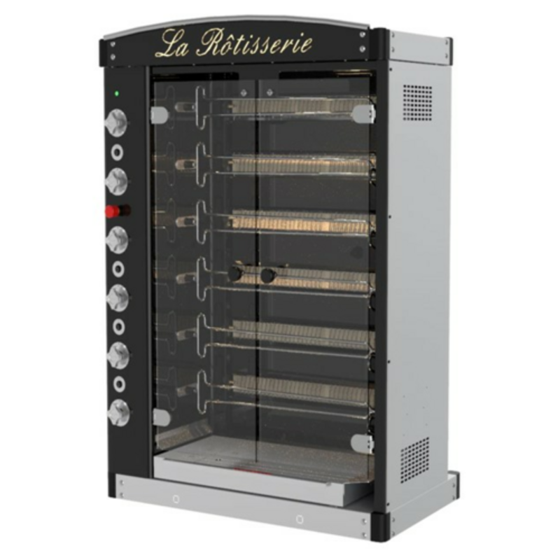 Gas Rotisserie Oven For Restaurants Featuring Clear Glass Door And Multiple Cooking Spits For Even Rotisserie Cooking.