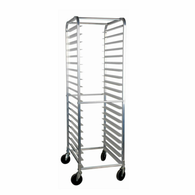 Alt Tag: OMCAN 28351 Welded Aluminum 20-Slide Curve Top Commercial Bakery Rack, welded aluminum pan rack on casters for commercial kitchens