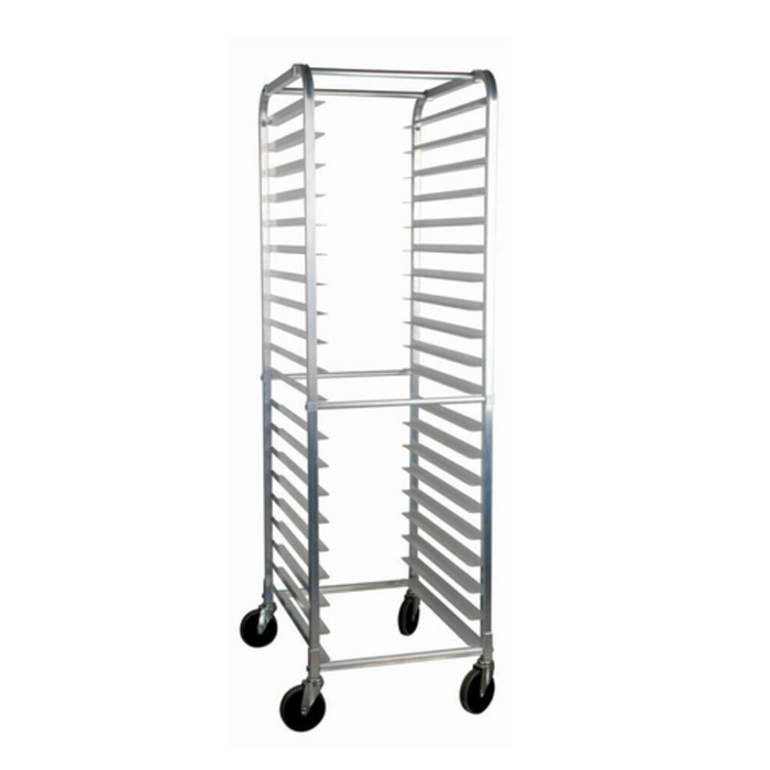 Alt Tag: OMCAN 28351 Welded Aluminum 20-Slide Curve Top Commercial Bakery Rack, welded aluminum pan rack on casters for commercial kitchens