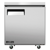 Omcan 58011 27-inch Stainless Steel Solid Door Undercounter Freezer front view, stainless steel door with recessed handle
