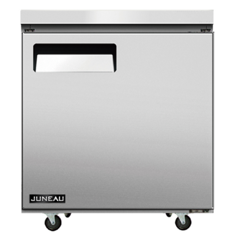 Omcan 58011 27-inch Stainless Steel Solid Door Undercounter Freezer front view, stainless steel door with recessed handle