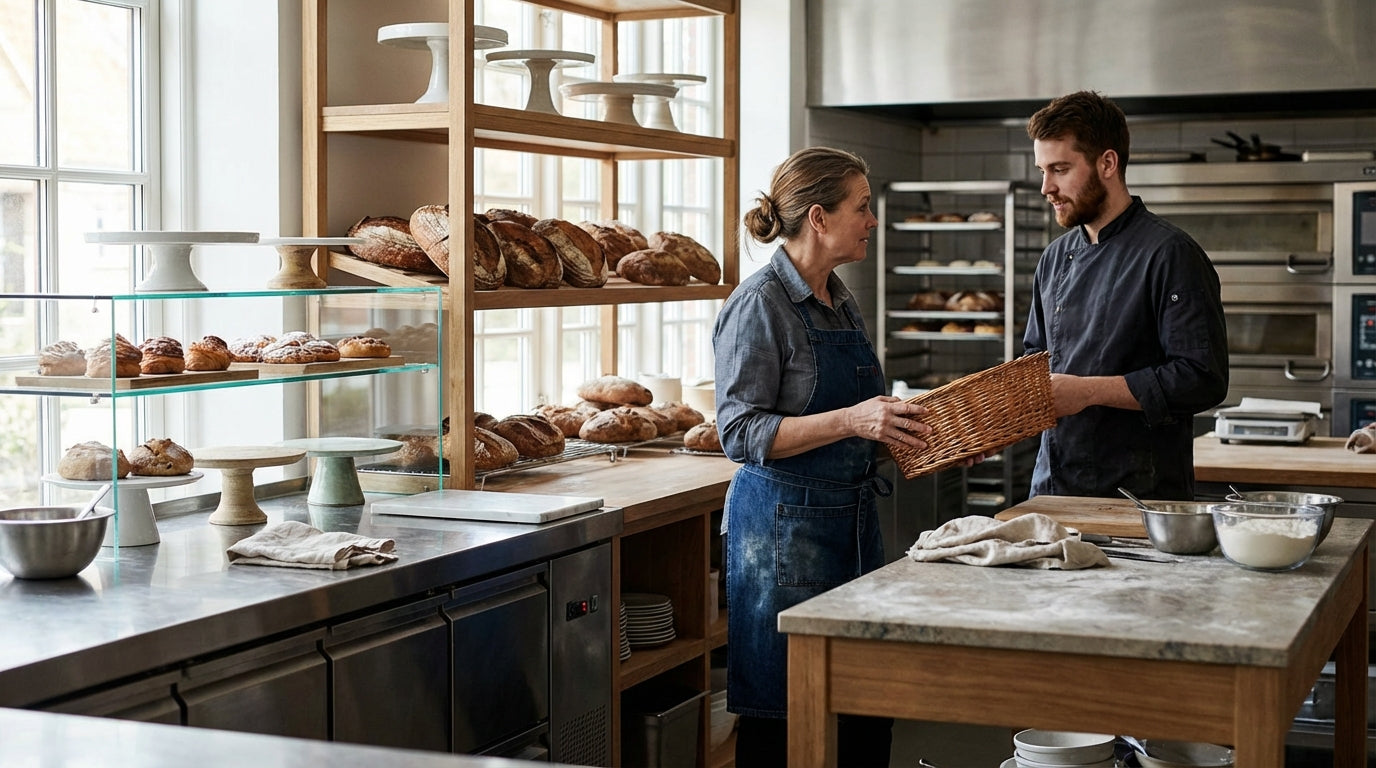 Two bakers in a commercial bakery kitchen holding a wicker basket near shelves of fresh bread and pastries