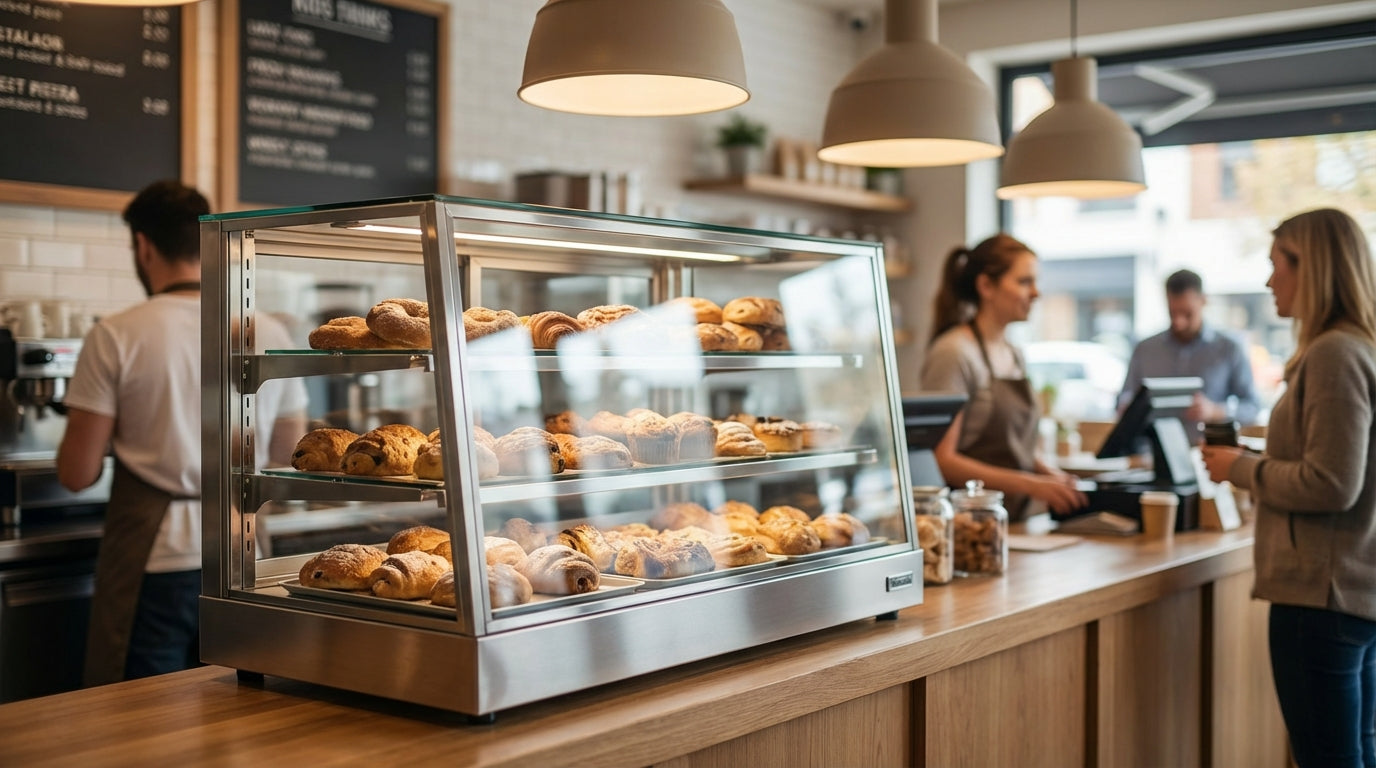 Bakery counter with glass display case filled with fresh pastries and croissants, barista serving customers in a modern cafe