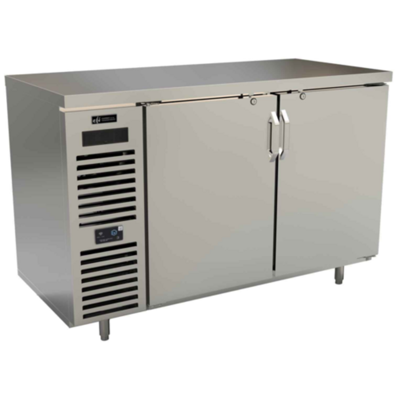 60 Inch Back Bar Refrigerator With Stainless Steel Exterior And Double Doors For Efficient Storage.