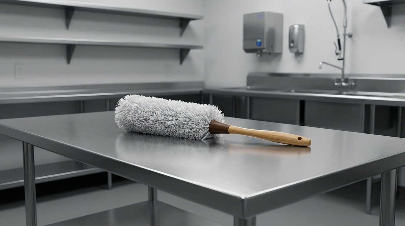 Microfiber duster on stainless steel table in commercial kitchen prep area with sink and shelves