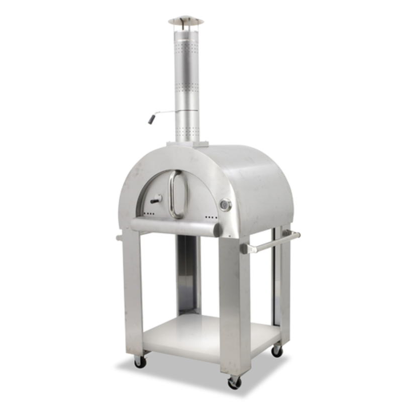 Omcan 43113 Four à pizza extérieur à bois en acier inoxydable avec cheminée sur chariot à roues