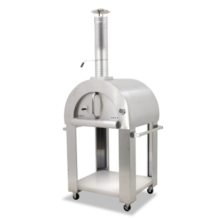 Omcan 43113 Four à pizza extérieur à bois en acier inoxydable avec cheminée sur chariot à roues