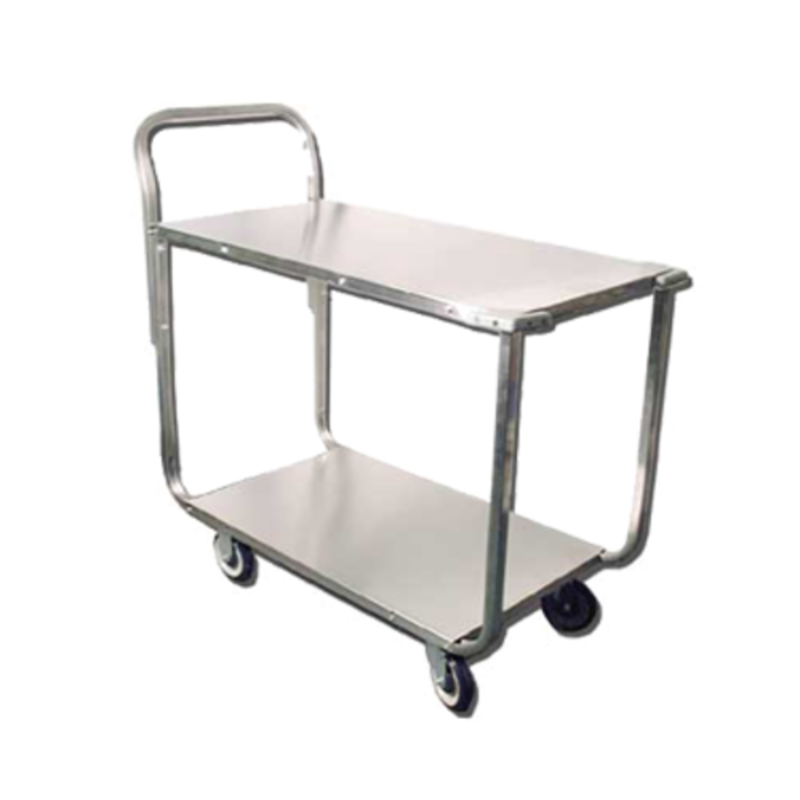 OMCAN 13118 Stainless Steel Stock Cart with 700 lbs Capacity two-shelf utility cart with handle and casters for commercial kitchens