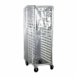 Full-Size Rack Dust Cover Protecting A Metal Bakery Rack In Clear Vinyl