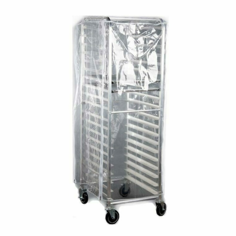 Full-Size Rack Dust Cover Protecting A Metal Bakery Rack In Clear Vinyl