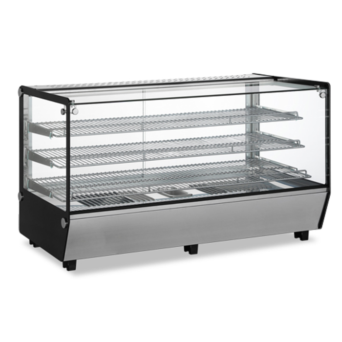 Alt Tag: Omcan 47427 7.1 cu.ft. Heated Countertop Square Glass Display Warmer with multi-level shelves, flat glass front and LED lighting