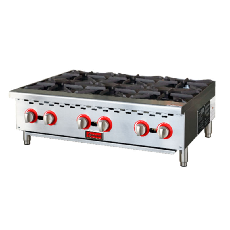 Commercial Gas Hotplate 36 Inch With Six Burners And Stylish Red Knobs For Catering And Commercial Kitchen Use