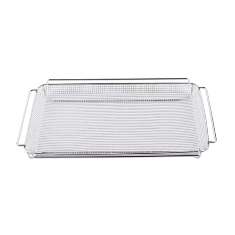 Stainless Steel Serving Tray For Catering With Mesh Design And Handles, Ideal For Food Presentation.