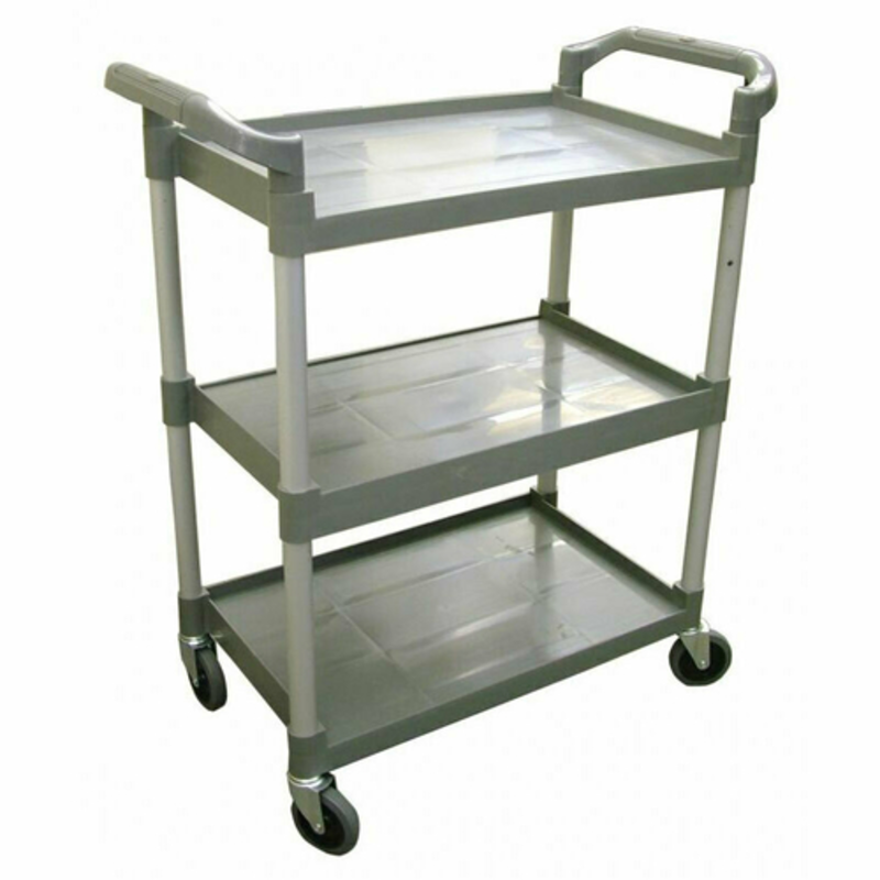 OMCAN 18306 Gray Plastic Bussing Utility Cart 165 lbs Capacity 3-shelf rolling commercial restaurant utility cart with casters