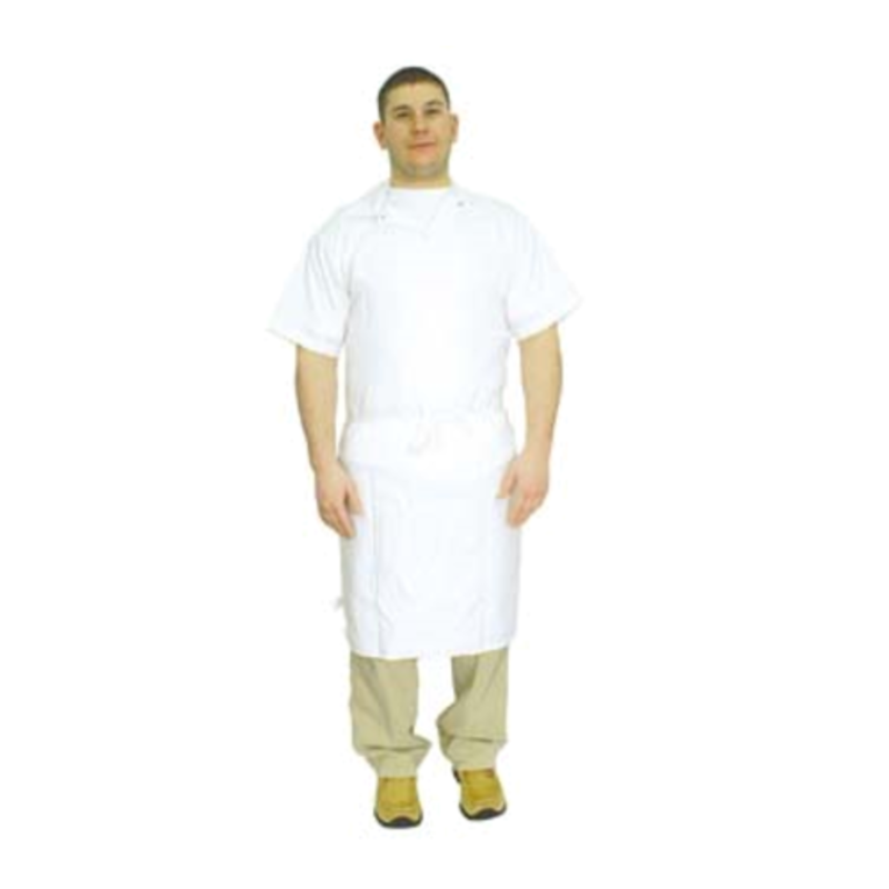 White Duck Economy Bib Apron Worn By A Man, Ideal For Commercial Kitchens And Foodservice Teams.