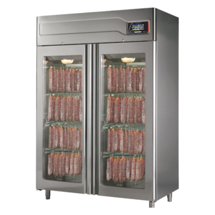 Meuble à conservation de viande en acier inoxydable OMCAN 45232 de 200 kg avec portes doubles en verre et salami suspendu pour le vieillissement en charcuterie