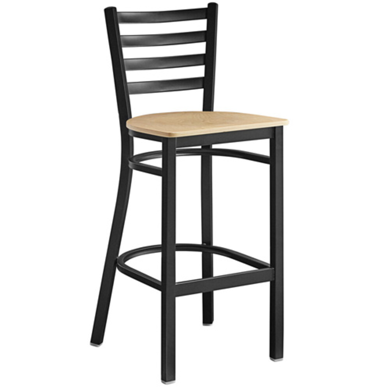 Omcan 47592 Indoor Commercial Bar Stool, 300 lbs Capacity with black steel frame and wood seat