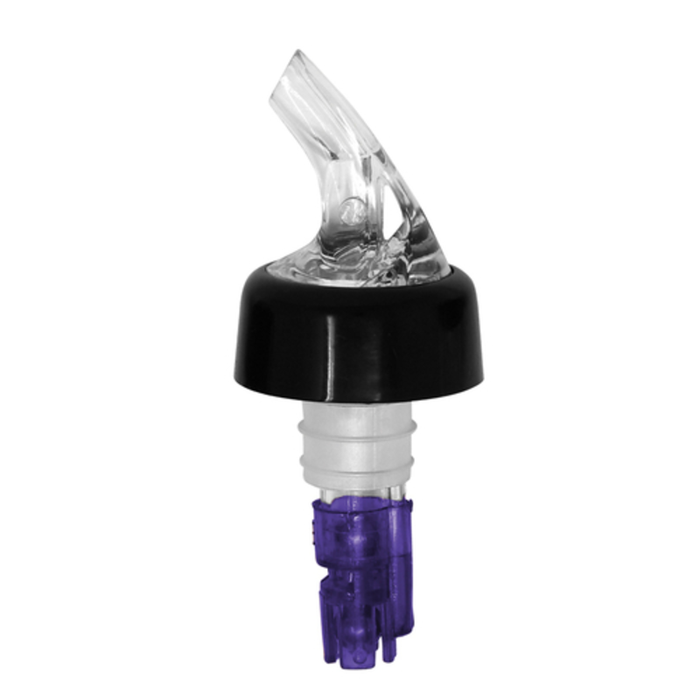 Alt Tag: Omcan 80882 Plastic Speed Liquor Pourer for Swift Beverage Service clear pour spout with black collar and purple base