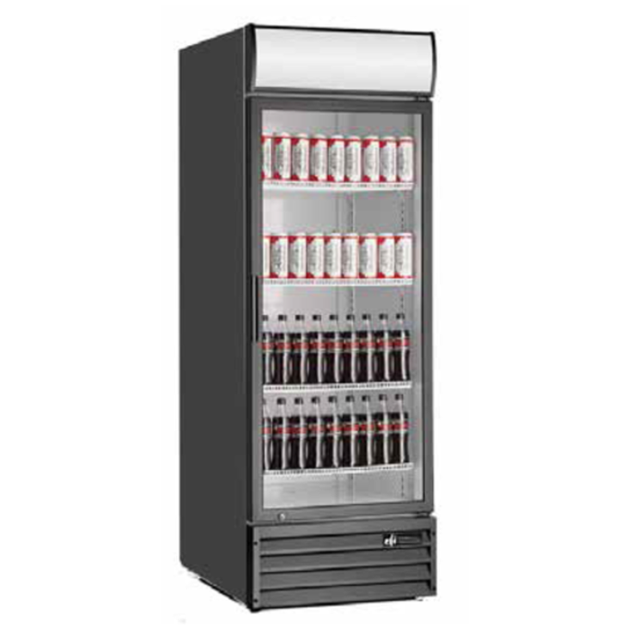 EFI C1-27.5GD 21 cu ft glass door refrigerator merchandiser, one-section LED-lit display cooler with stocked beverage shelves