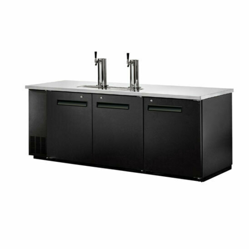 Alt Tag: EFI CBBDD3-72CC 72 Inch Black Direct Draw Beer Dispenser 72" back bar draft beer cooler with dual taps and three-door cabinet