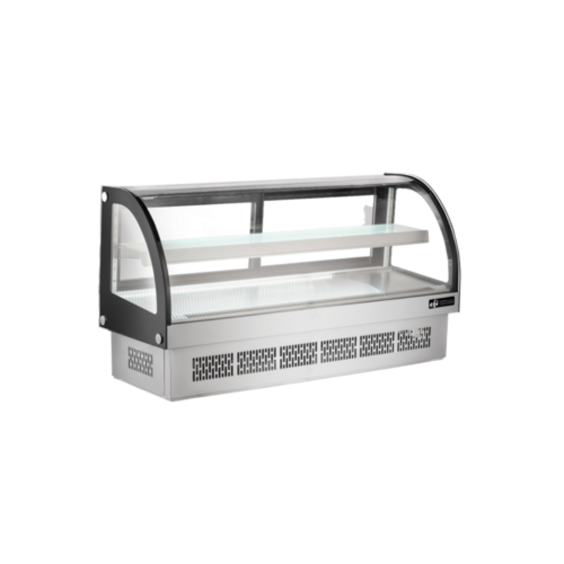 Alt Tag: EFI CGCM-CT-6033 60.5" Drop-In Refrigerated Countertop Display Case with curved glass, stainless steel base, and interior shelf