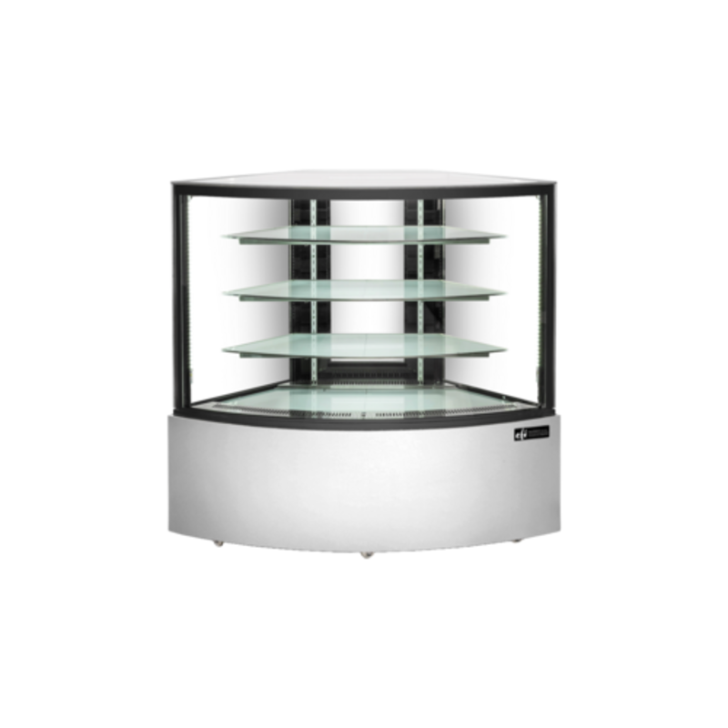 Refrigerated Corner Display Case With Glass Shelves And Sleek Stainless Steel Design, 15.5 Cu. Ft. Capacity.