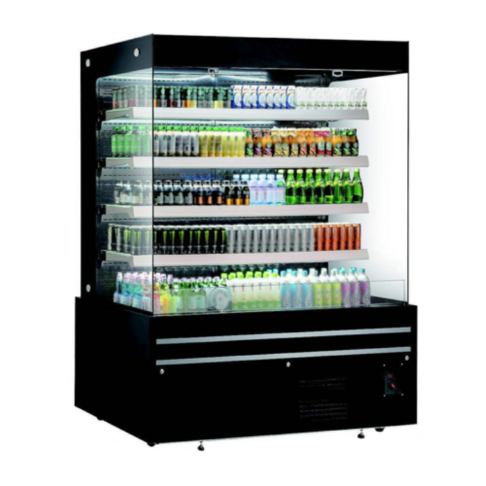 Alt Tag: EFI CGOMB-7280 72"W Open Air Refrigerated Display Merchandiser black open air showcase merchandiser with stocked beverage shelves