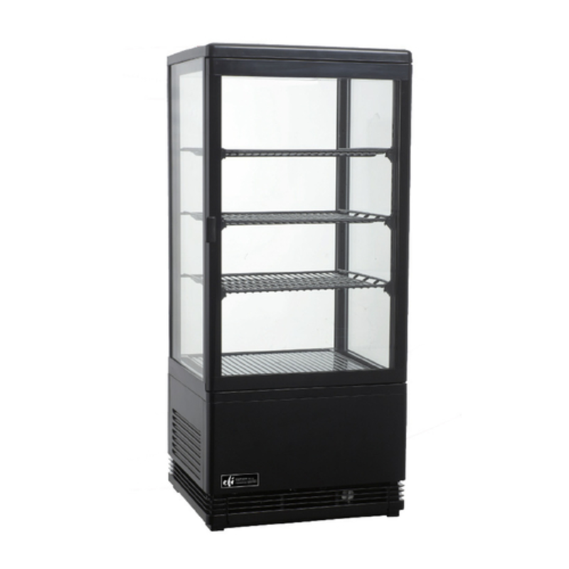Countertop Glass Refrigerated Display Case With Glass Shelves For Merchandising Chilled Items And Desserts.