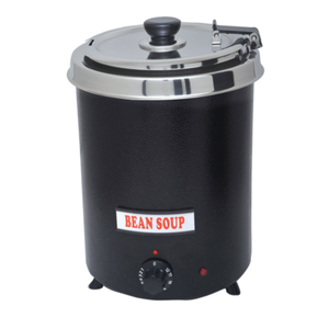 Alt Tag: EFI Commercial Electric 6 Quart Soup Kettle Warmer Black Finish black soup kettle warmer with lid and temperature control knob