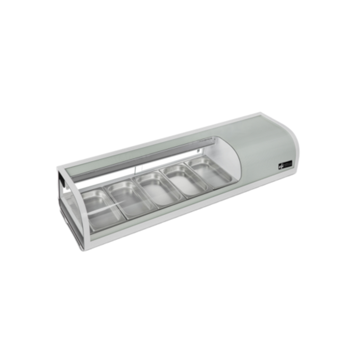 Alt Tag: EFI CSCM-5413S 53.2 inch refrigerated countertop sushi display case with curved tempered glass and stainless food pans