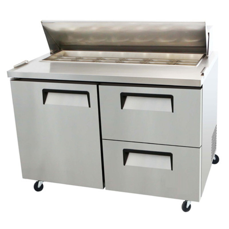 Refrigerated Sandwich Prep Table With Stainless Steel Top And Storage Drawers, Ideal For Efficient Food Preparation.