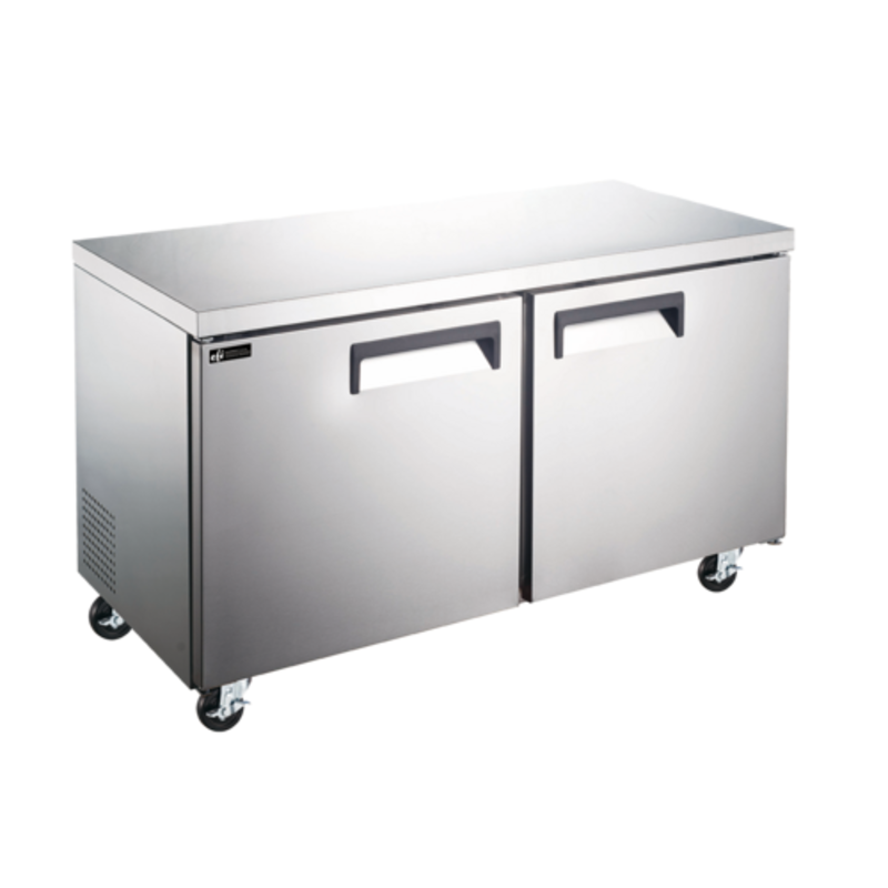 60 Inch Undercounter Refrigerator With Stainless Steel Finish And Dual Doors, Ideal For Commercial Kitchen Use.