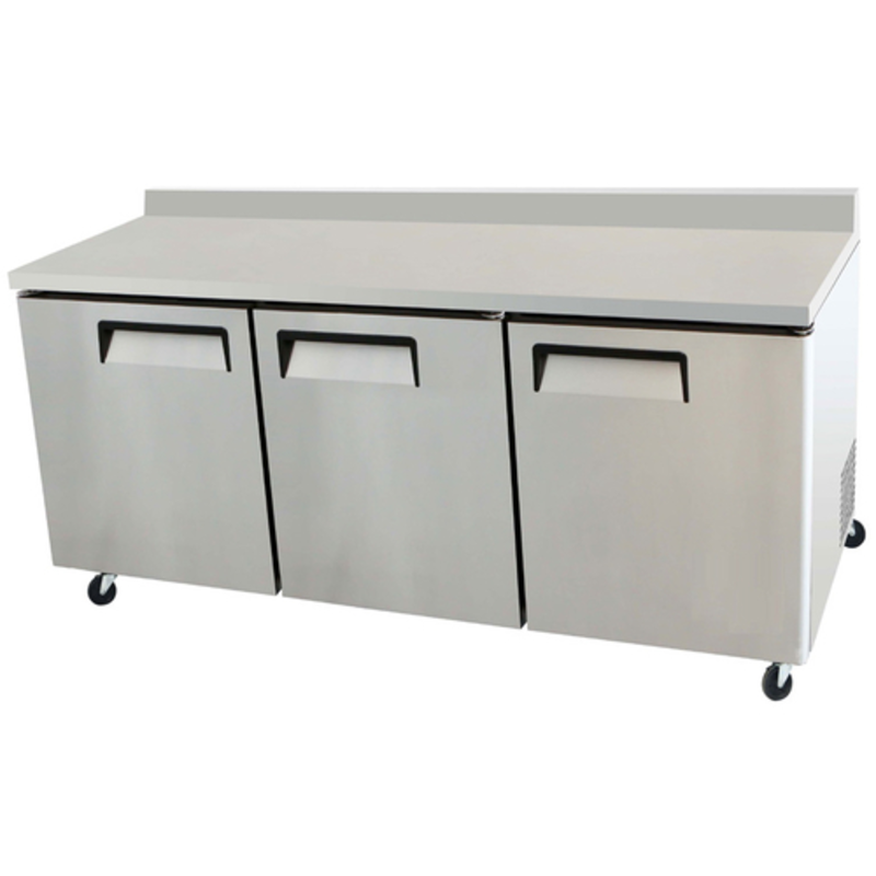 Three-Section Worktop Refrigerator With Stainless Steel Finish And Rollers For Easy Mobility