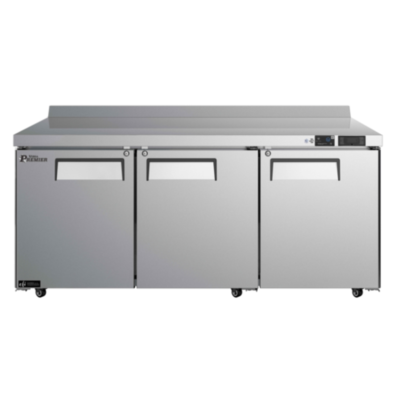 Alt Tag: EFI CWDR3-72VCP Versa Premier 72-Inch Work Top Cooler three-door stainless steel worktop refrigerator, front view