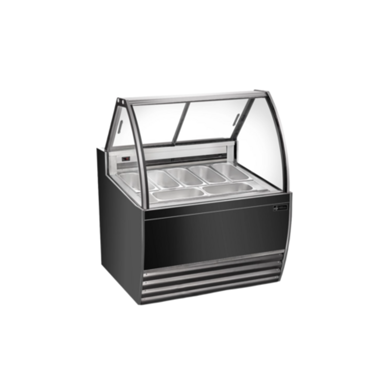 Alt Tag: EFI FIGCB-4252 41.4" Curved Black Gelato Dipping Display Case with curved glass, black finish, LED-lit dipping pans