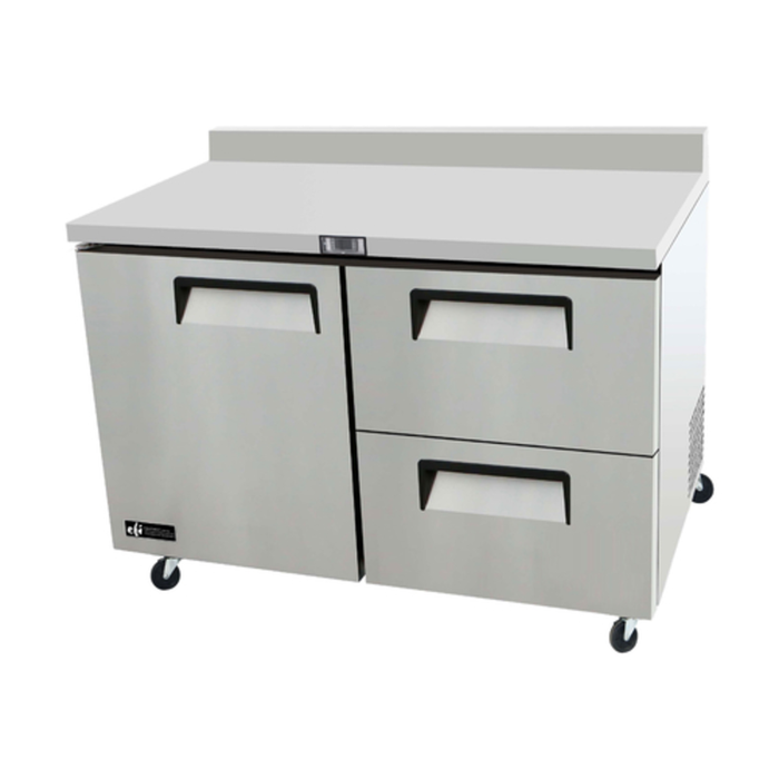 48 inch stainless steel worktop freezer counter with two-section commercial prep surface and freezer storage drawers in stainless steel