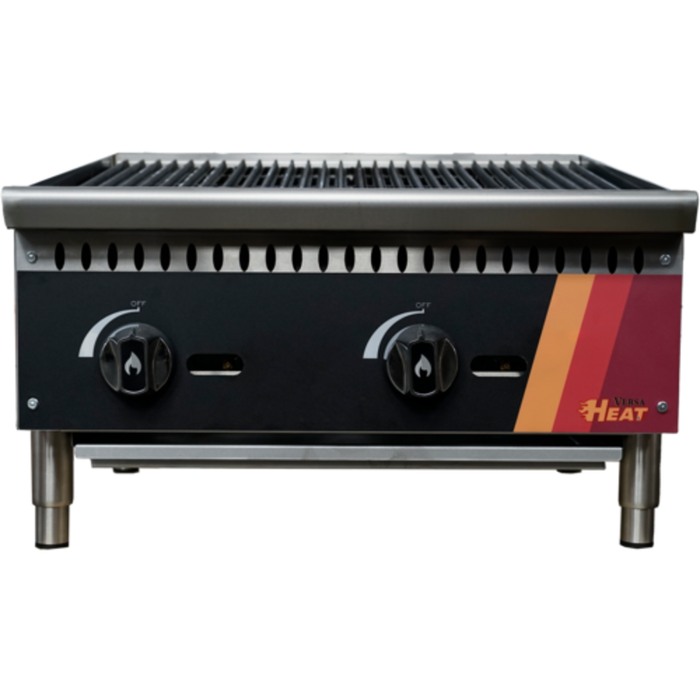 Alt Tag: EFI HCH24-RAD-N 24" Gas Countertop Radiant Commercial Kitchen Charbroiler front view with dual control knobs and cast iron grate