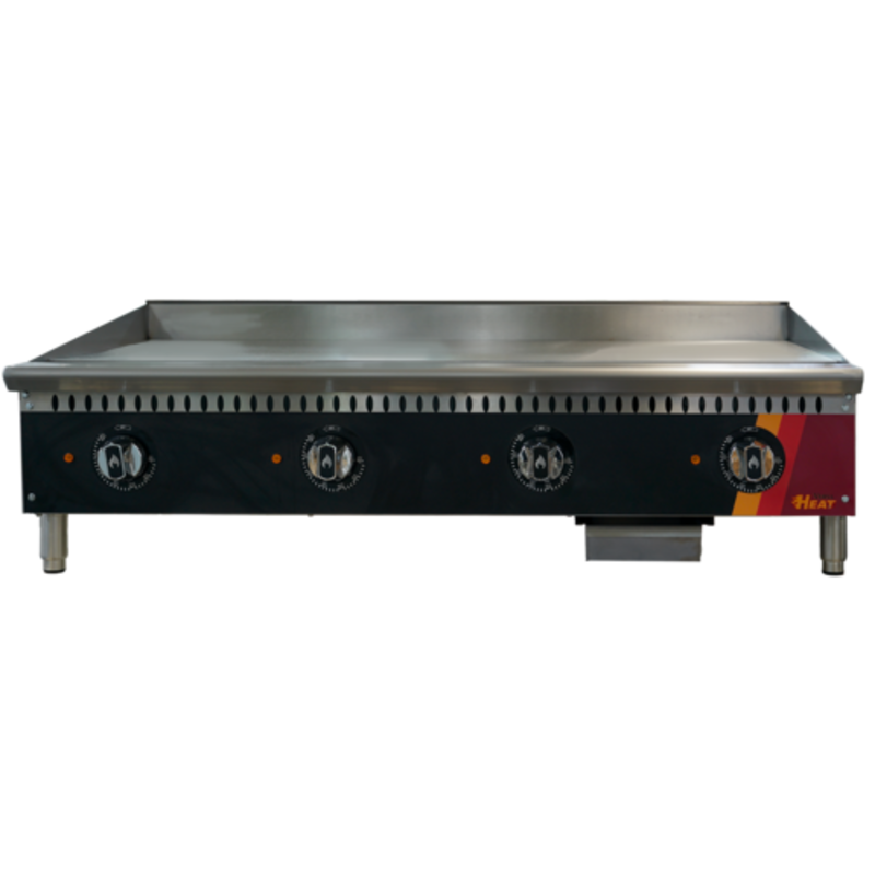 48 Inch Electric Countertop Griddle Featuring Stainless Steel Construction And Multiple Control Knobs For Precise Cooking.