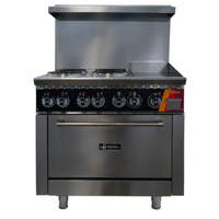 Alt Tag: EFI HRG36-12GM-4B-ELC 36" Electric Restaurant Range with Griddle & Burners front view, 4 burners, 12-inch griddle, stainless steel oven