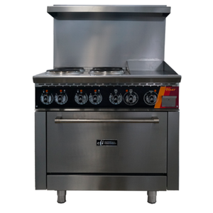 Alt Tag: EFI HRG36-12GM-4B-ELC 36" Electric Restaurant Range with Griddle & Burners front view, 4 burners, 12-inch griddle, stainless steel oven