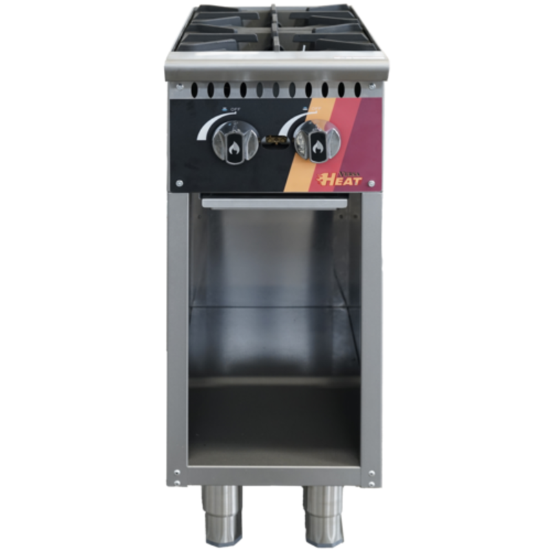 Stainless Steel Cooktop Cabinet Base Featuring Two Control Knobs And Open Storage Space Beneath