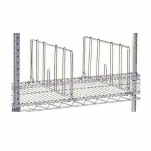 Alt Tag: EFI N-AD821C Chrome Plated Wire Shelf Divider for 21" Shelves installed on wire shelving to organize and separate items