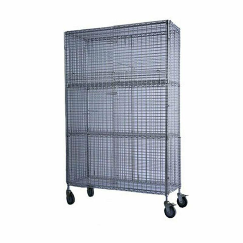 Mobile Chrome Security Unit on wheels with spacious wire mesh shelves for secure storage.