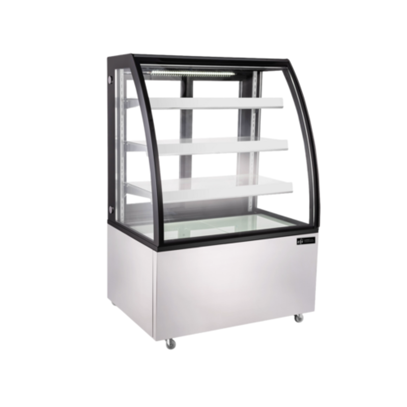 Balise alternative : EFI NDCGCM Écran neutre en acier inoxydable incurvé de 37" Vitrine vitrine de pâtisseries de boulangerie ambiante avec façade en verre courbé