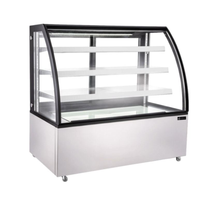 Alt Tag: EFI NDCGCM-6056 60.6" Wide Neutral Ambient Showcase Display Case curved glass bakery display case with shelves, stainless exterior
