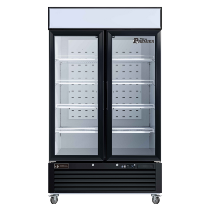 EFI Premier F2-48GDVCP 48" Two-Door Glass Freezer Merchandiser black commercial display freezer with glass doors and shelving