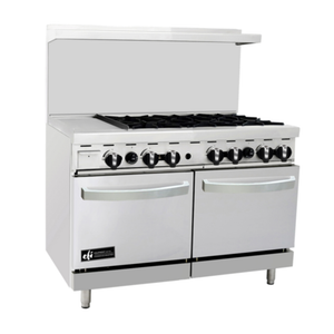 Alt Tag: EFI RCTRS-12G-6B-P 48" Liquid Propane Restaurant Range with Griddle, 6-burner commercial gas range with oven base