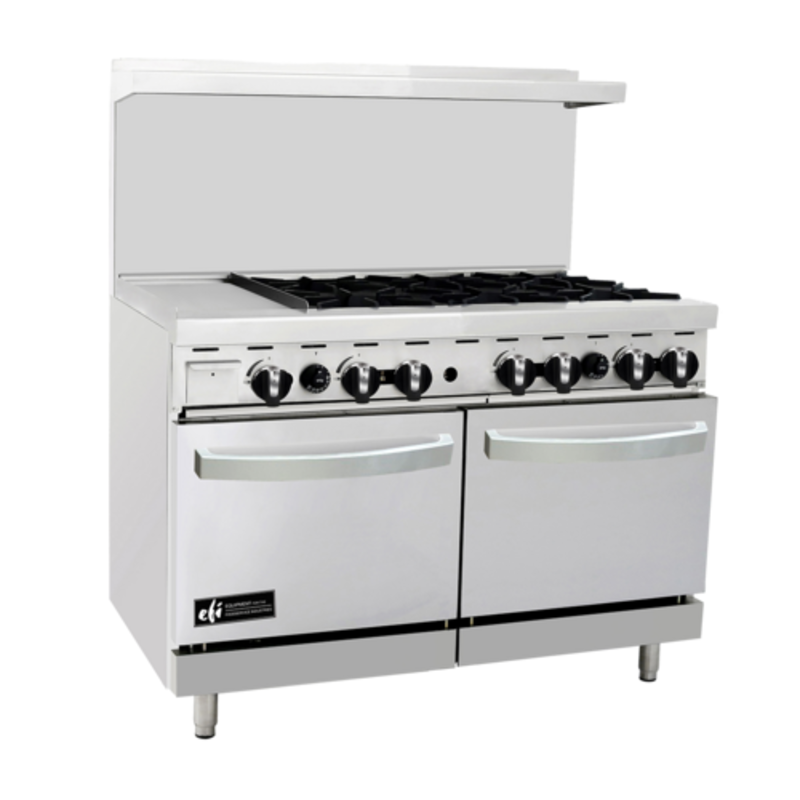Alt Tag: EFI RCTRS-12G-6B-P 48" Liquid Propane Restaurant Range with Griddle, 6-burner commercial gas range with oven base
