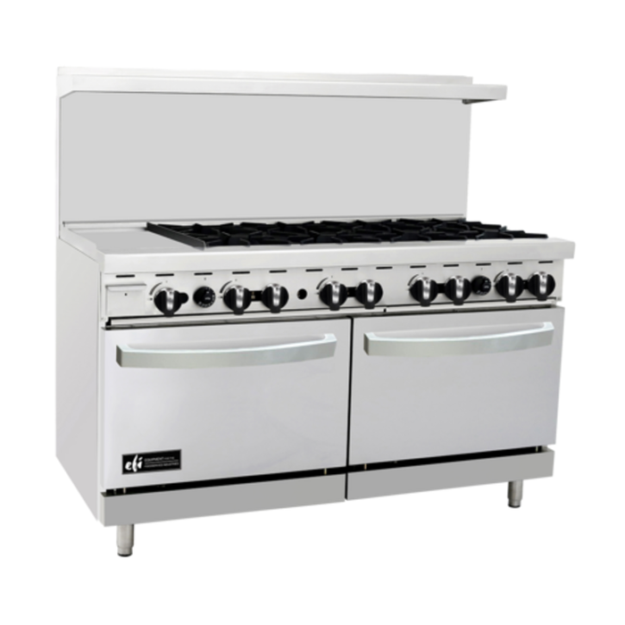 Alt Tag: EFI RCTRS-12G-8B-N 60 inch commercial gas range with 8 burners and griddle, stainless steel restaurant range with oven