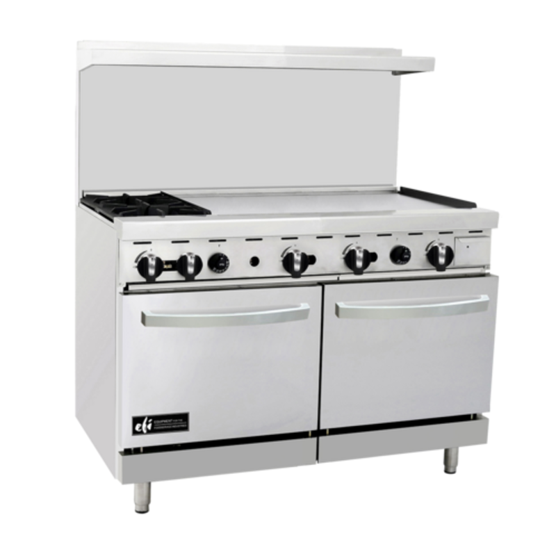 48 Inch Gas Restaurant Range With Two Burners And 36 Inch Griddle From EFI, Ideal For Commercial Kitchens.